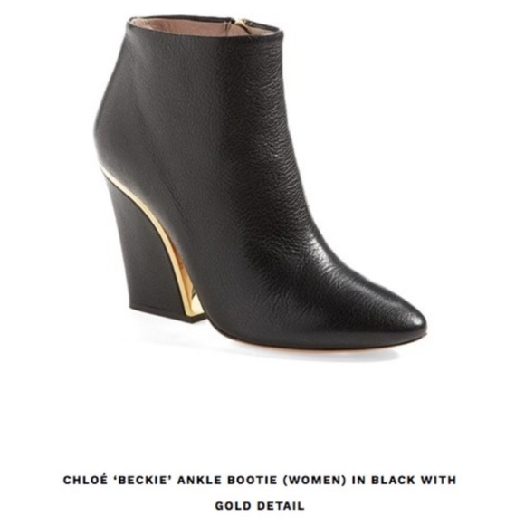 Chloe Shoes - CHLOE Beckie Ankle Bootie. Black Leather Zip Up Gold Trim. 39